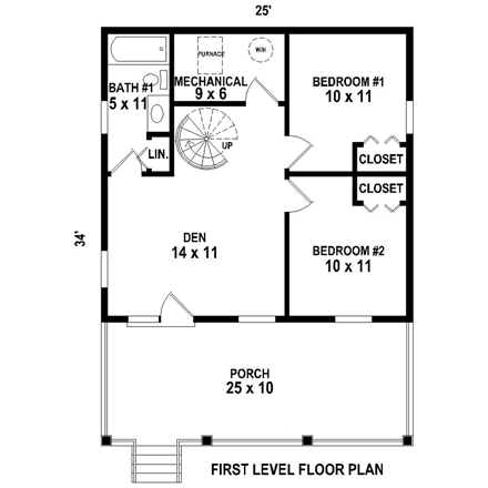 Traditional House Plan 44920 with 3 Beds, 2 Baths First Level Plan
