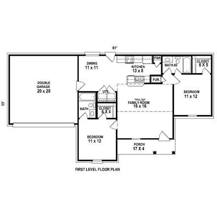Traditional House Plan 44930 with 2 Beds, 2 Baths, 2 Car Garage First Level Plan