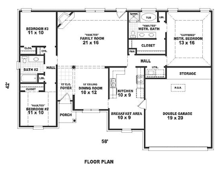 Ranch House Plan 44934 with 3 Beds, 2 Baths, 2 Car Garage First Level Plan