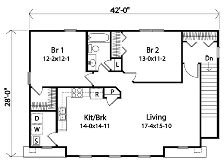 3 Car Garage Apartment Plan 45120 with 2 Beds, 1 Baths Second Level Plan