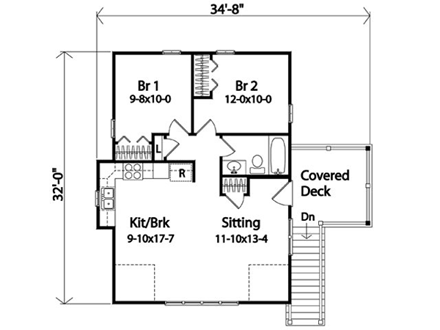 2 Car Garage Apartment Plan 45121 with 2 Beds, 1 Baths Second Level Plan