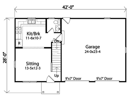 2 Car Garage Apartment Plan 45122 with 2 Beds, 2 Baths First Level Plan