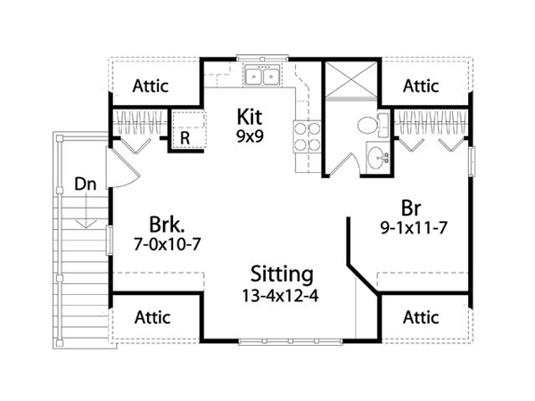2 Car Garage Apartment Plan 45128 with 1 Beds, 1 Baths Level Two