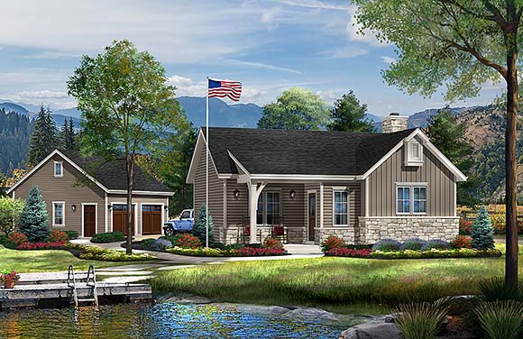 Cabin, Ranch, Traditional House Plan 45152 with 1 Beds, 1 Baths Elevation