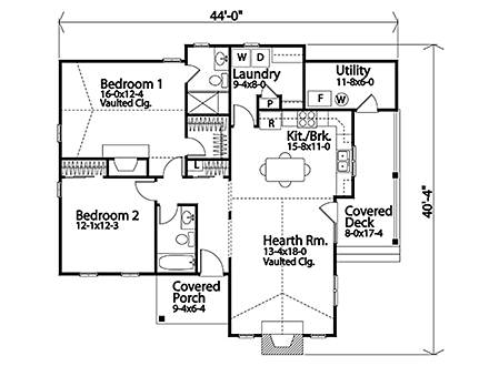 Bungalow, Cottage House Plan 45162 with 2 Beds, 2 Baths First Level Plan