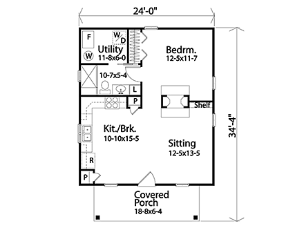 Bungalow, Cottage House Plan 45163 with 1 Beds, 1 Baths First Level Plan