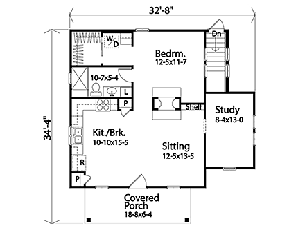 Cottage, Narrow Lot House Plan 45164 with 1 Beds, 1 Baths First Level Plan