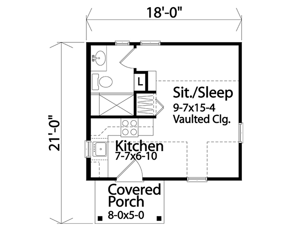 Cabin, Cottage, Narrow Lot, One-Story House Plan 45165 with 1 Beds, 1 Baths Level One