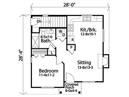 Bungalow, Cabin, Cottage, Narrow Lot, One-Story House Plan 45167 with 1 Beds, 1 Baths First Level Plan