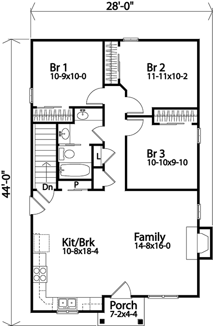 House Plan 45176 - One-Story Style with 1067 Sq Ft, 3 Bed, 1 Bath ...