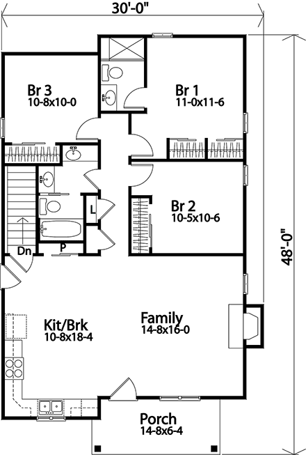 Bungalow, Cottage, Narrow Lot, One-Story House Plan 45177 with 3 Beds, 2 Baths First Level Plan