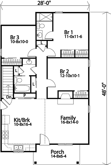 Bungalow, Cottage, Narrow Lot, One-Story House Plan 45179 with 3 Beds, 2 Baths First Level Plan