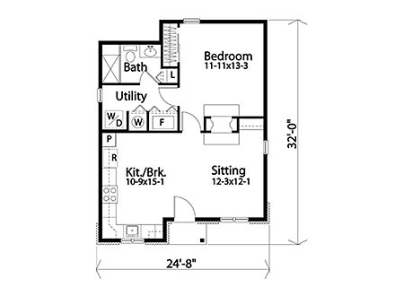 Bungalow, Cottage, Narrow Lot, One-Story House Plan 45185 with 1 Beds, 1 Baths First Level Plan