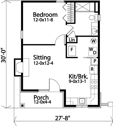 Bungalow, Cottage, Narrow Lot, One-Story House Plan 45186 with 1 Beds, 1 Baths First Level Plan