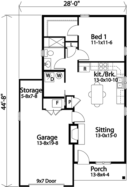Narrow Lot, One-Story House Plan 45188 with 1 Beds, 1 Baths, 1 Car Garage First Level Plan