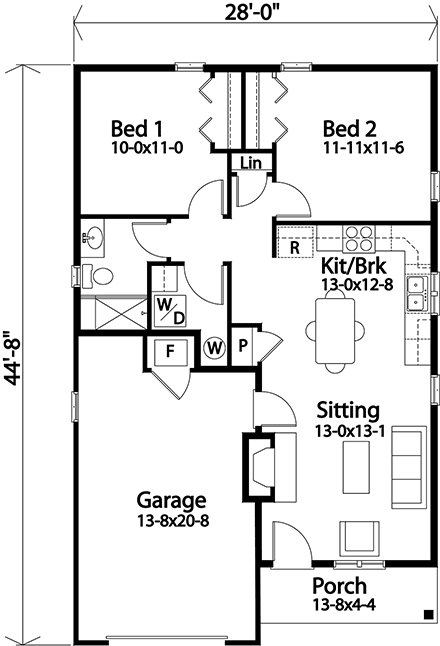 Narrow Lot, One-Story House Plan 45189 with 2 Beds, 1 Baths, 1 Car Garage First Level Plan