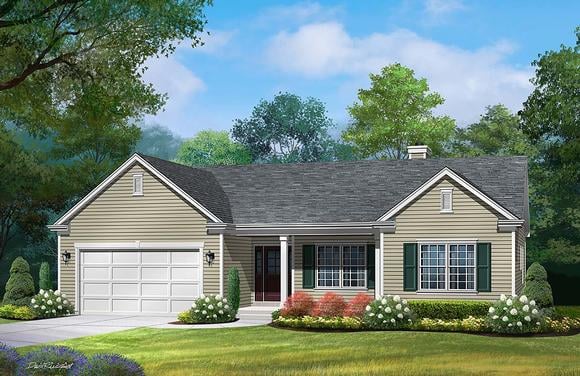 Ranch, Traditional House Plan 45198 with 3 Beds, 3 Baths, 2 Car Garage Elevation