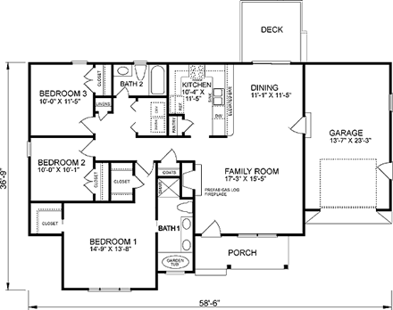 One-Story, Traditional House Plan 45203 with 3 Beds, 2 Baths, 1 Car Garage First Level Plan