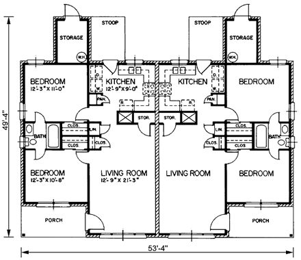 One-Story Multi-Family Plan 45204 with 4 Beds, 2 Baths First Level Plan