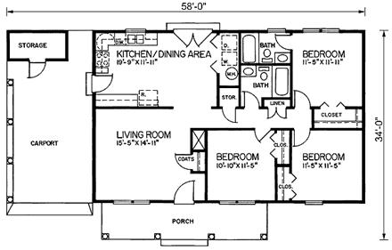 Ranch House Plan 45215 with 3 Beds, 2 Baths, 1 Car Garage First Level Plan