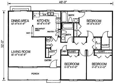 Cabin, Ranch House Plan 45227 with 3 Beds, 2 Baths First Level Plan