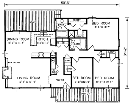 Ranch, Traditional House Plan 45240 with 3 Beds, 2 Baths First Level Plan