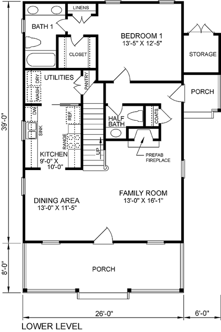 Craftsman, Narrow Lot House Plan 45244 with 3 Beds, 3 Baths First Level Plan