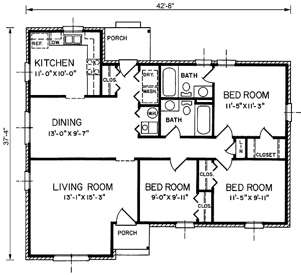 House Plan 45246 - Traditional Style with 1280 Sq Ft, 3 Bed, 2 Ba