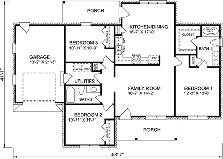 European, One-Story, Traditional House Plan 45250 with 3 Beds, 2 Baths, 1 Car Garage First Level Plan