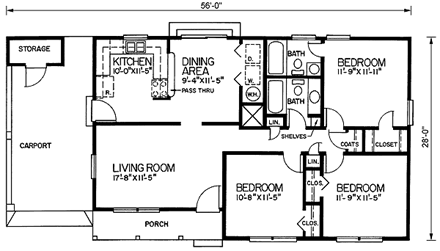 One-Story, Ranch House Plan 45251 with 3 Beds, 2 Baths, 1 Car Garage First Level Plan