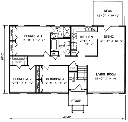 One-Story, Traditional House Plan 45253 with 3 Beds, 2 Baths, 2 Car Garage First Level Plan