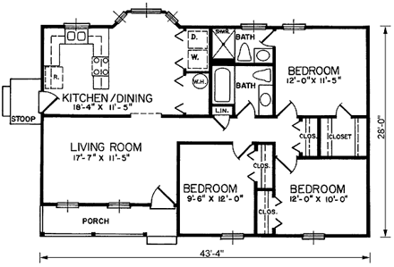 One-Story, Ranch House Plan 45256 with 3 Beds, 2 Baths First Level Plan