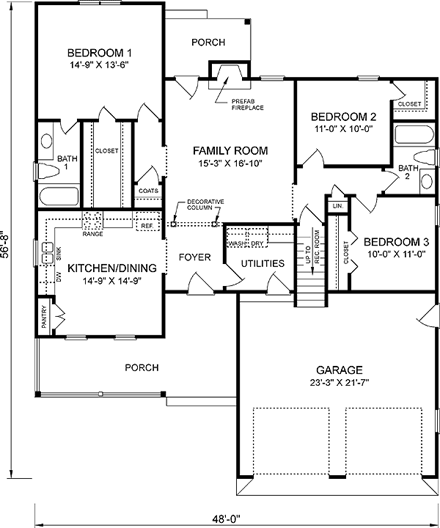 House Plan 45261 - Traditional Style with 1454 Sq Ft, 3 Bed, 2 Ba