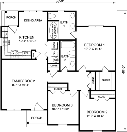 Narrow Lot, One-Story, Traditional House Plan 45263 with 3 Beds, 2 Baths First Level Plan