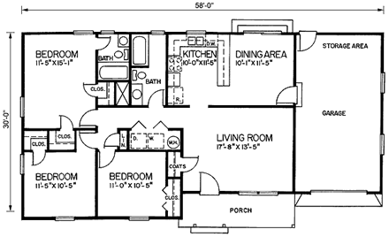 Ranch House Plan 45265 with 3 Beds, 2 Baths, 1 Car Garage First Level Plan