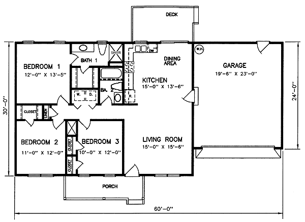 Ranch House Plan 45269 with 3 Beds, 2 Baths, 2 Car Garage Level One