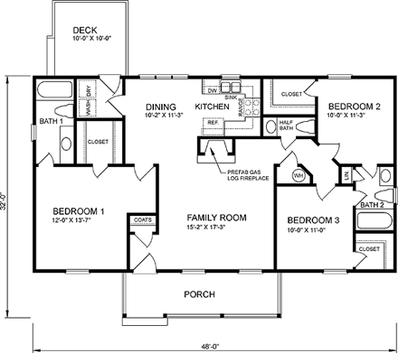 Ranch House Plan 45272 with 3 Beds, 3 Baths First Level Plan