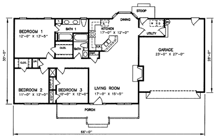 Ranch House Plan 45276 with 3 Beds, 2 Baths, 2 Car Garage First Level Plan