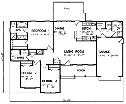 One-Story, Ranch House Plan 45277 with 3 Beds, 2 Baths, 1 Car Garage First Level Plan