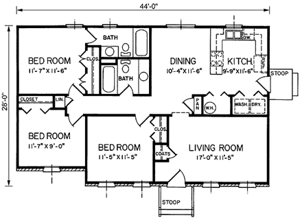 One-Story, Ranch House Plan 45280 with 3 Beds, 2 Baths First Level Plan