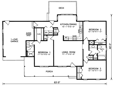 One-Story, Traditional House Plan 45281 with 3 Beds, 2 Baths, 1 Car Garage First Level Plan