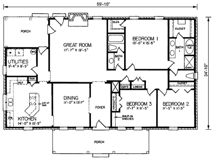 One-Story, Ranch House Plan 45285 with 3 Beds, 2 Baths First Level Plan