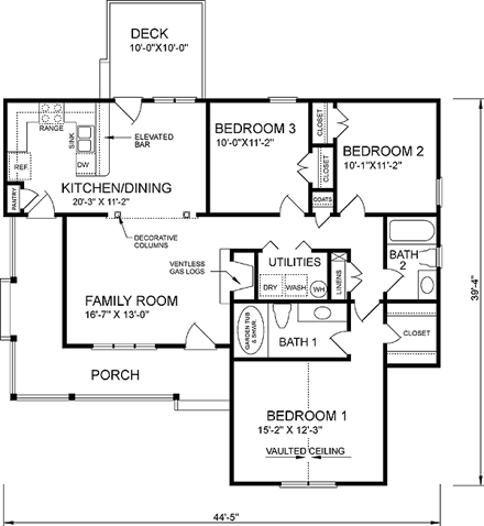 Traditional House Plan 45290 with 3 Beds, 2 Baths First Level Plan