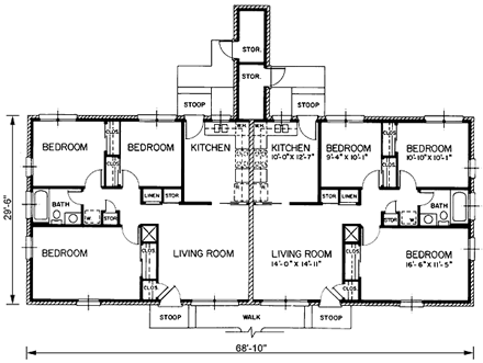 One-Story, Ranch Multi-Family Plan 45291 with 6 Beds, 2 Baths First Level Plan