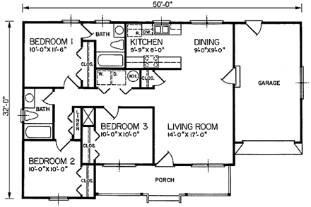 One-Story, Ranch House Plan 45297 with 3 Beds, 2 Baths, 1 Car Garage First Level Plan