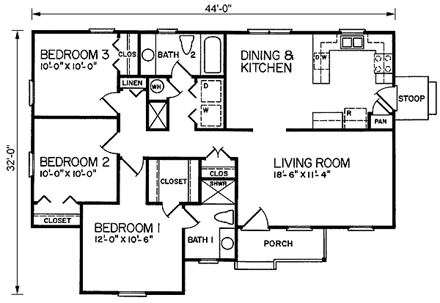 One-Story, Traditional House Plan 45299 with 3 Beds, 2 Baths First Level Plan