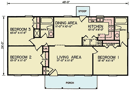 Ranch, Traditional House Plan 45305 with 3 Beds, 2 Baths First Level Plan