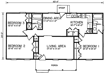 Ranch House Plan 45306 with 3 Beds, 2 Baths First Level Plan