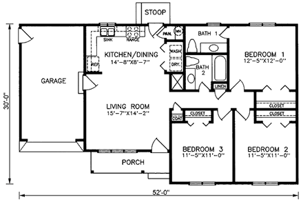 Contemporary, One-Story, Ranch House Plan 45307 with 3 Beds, 2 Baths, 1 Car Garage First Level Plan