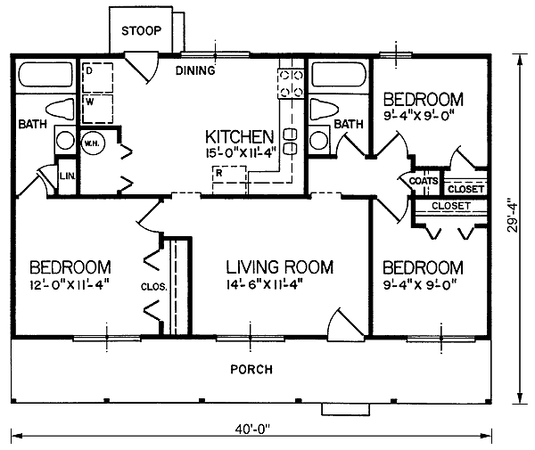 Cabin, Country, Narrow Lot, One-Story House Plan 45309 with 3 Beds, 2 Baths Level One